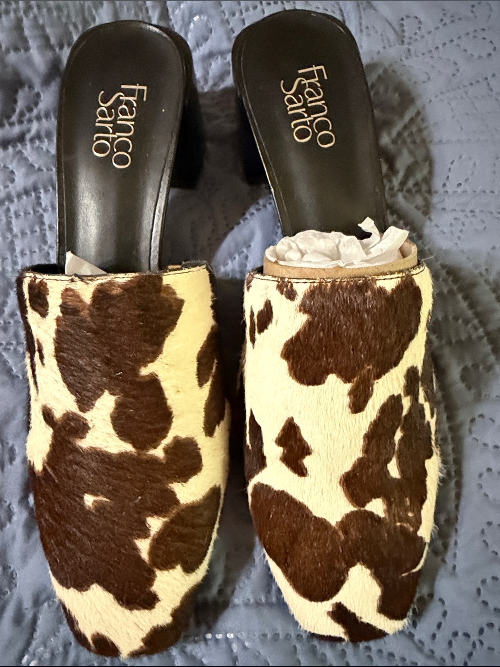 Franco Sarto Brown and White Cowhide Slide Mules SZ 9. New. No box